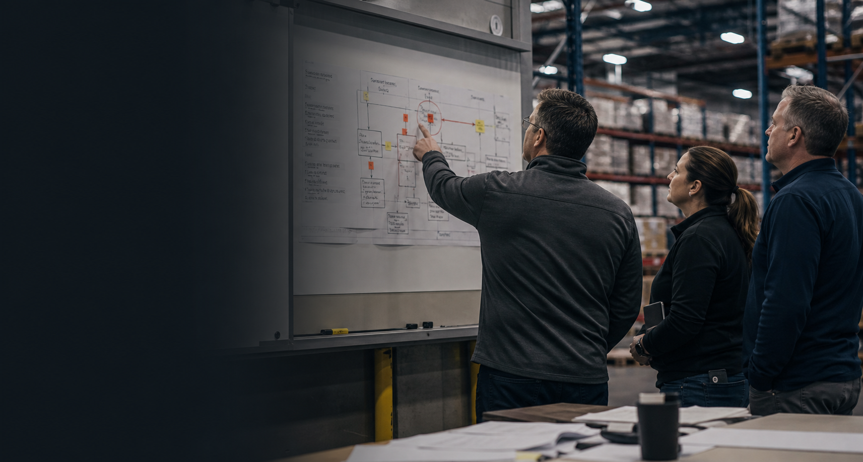 Operations leaders around a warehouse process board identifying the active pressure point