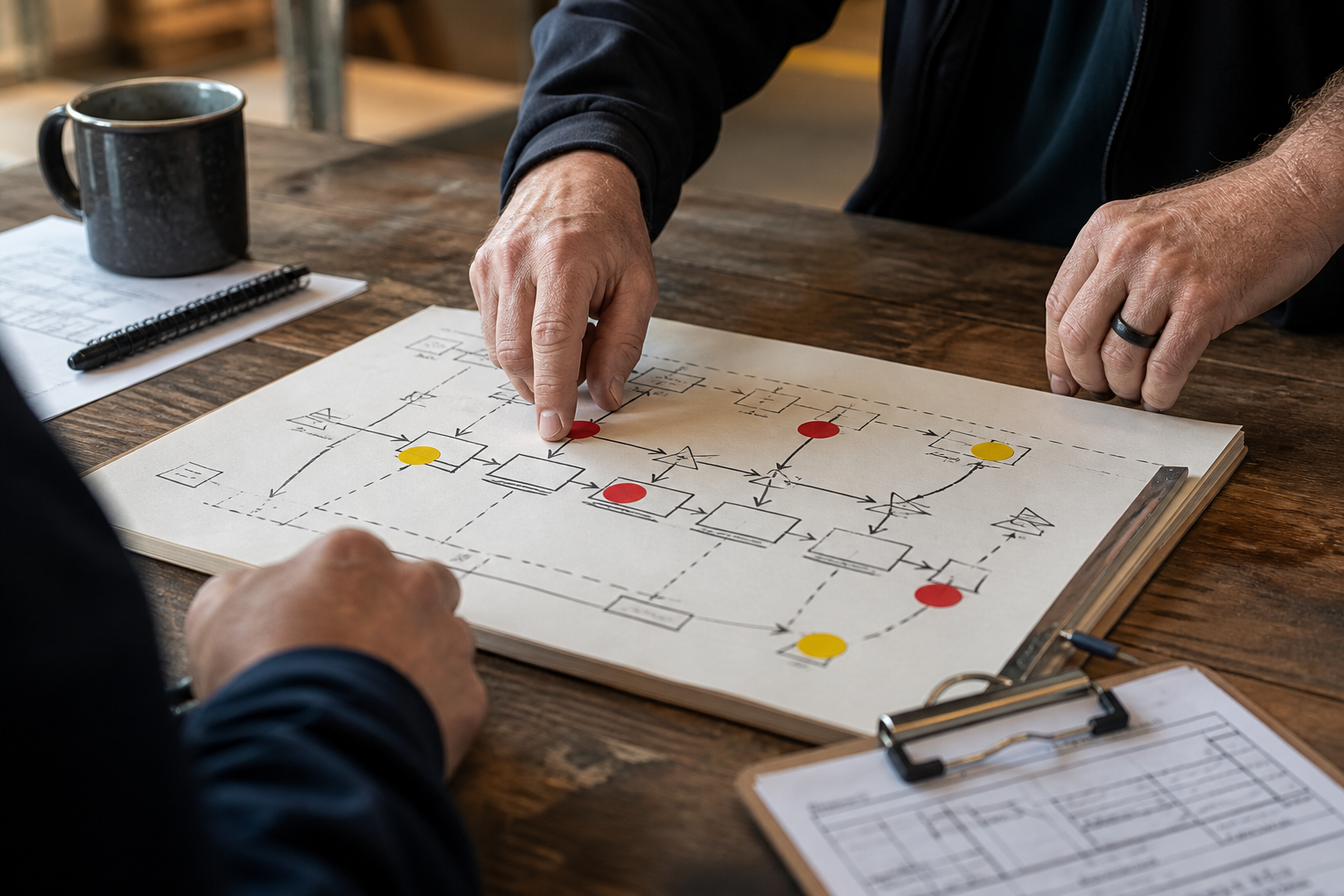 Hands placing red pressure markers on a simple process flow map