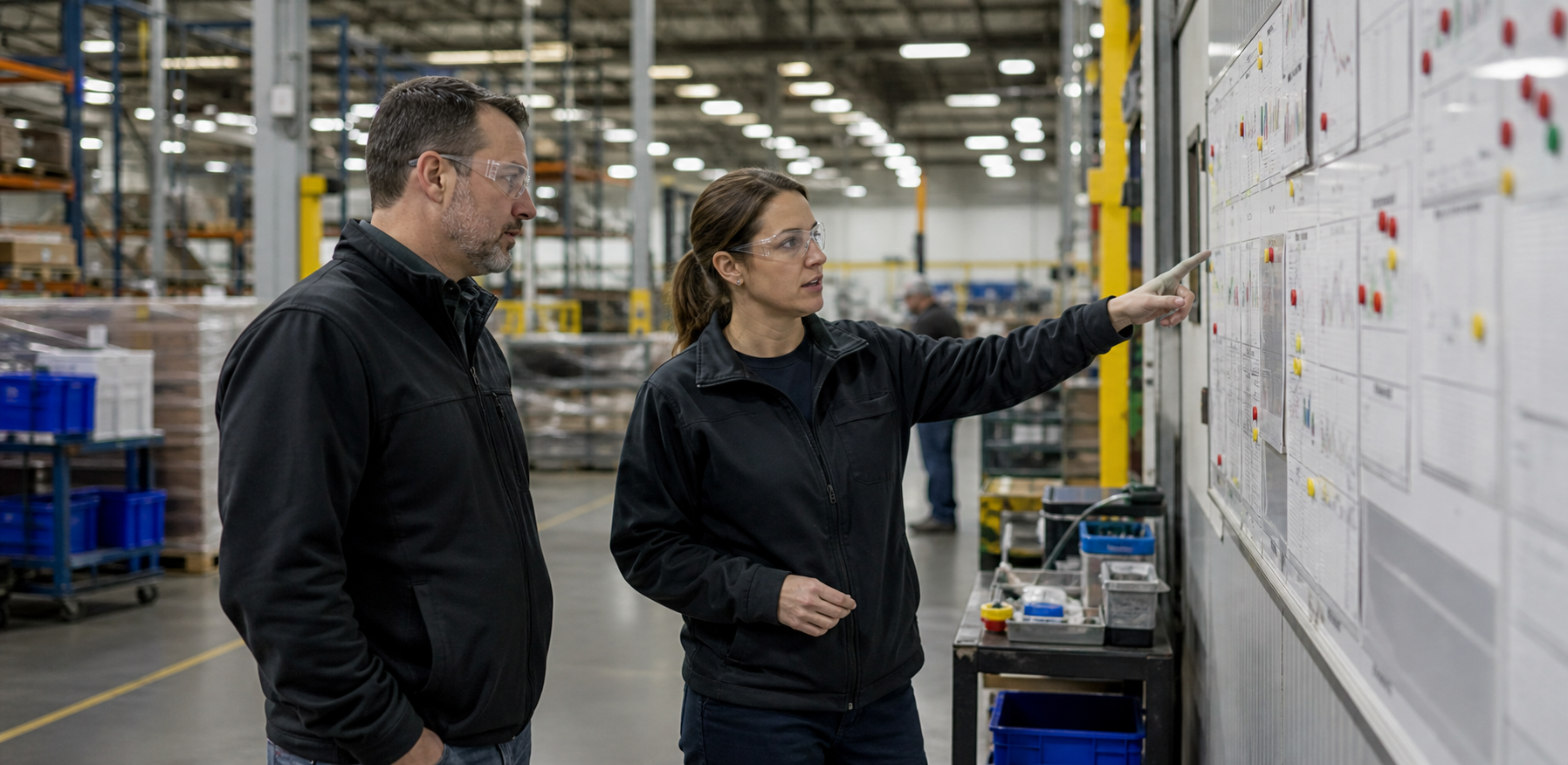 Operations leader and supervisor reviewing real floor metrics together