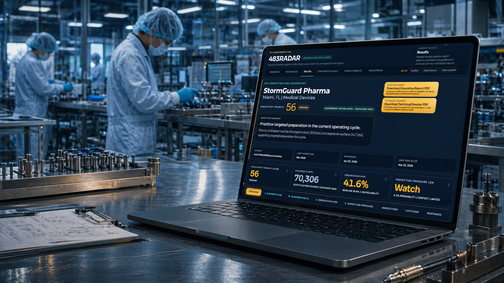 483Radar laptop interface in a medical device manufacturing environment, showing FDA inspection risk results and executive report outputs.