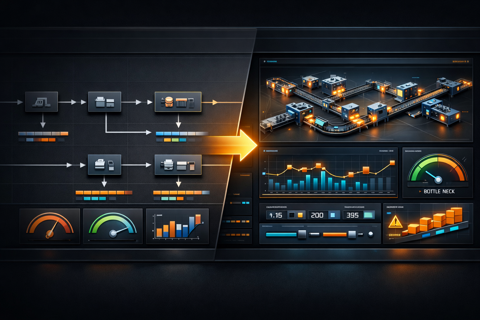 Dynamic FlowStress product visual with value stream map nodes converting into an operational simulation dashboard.
